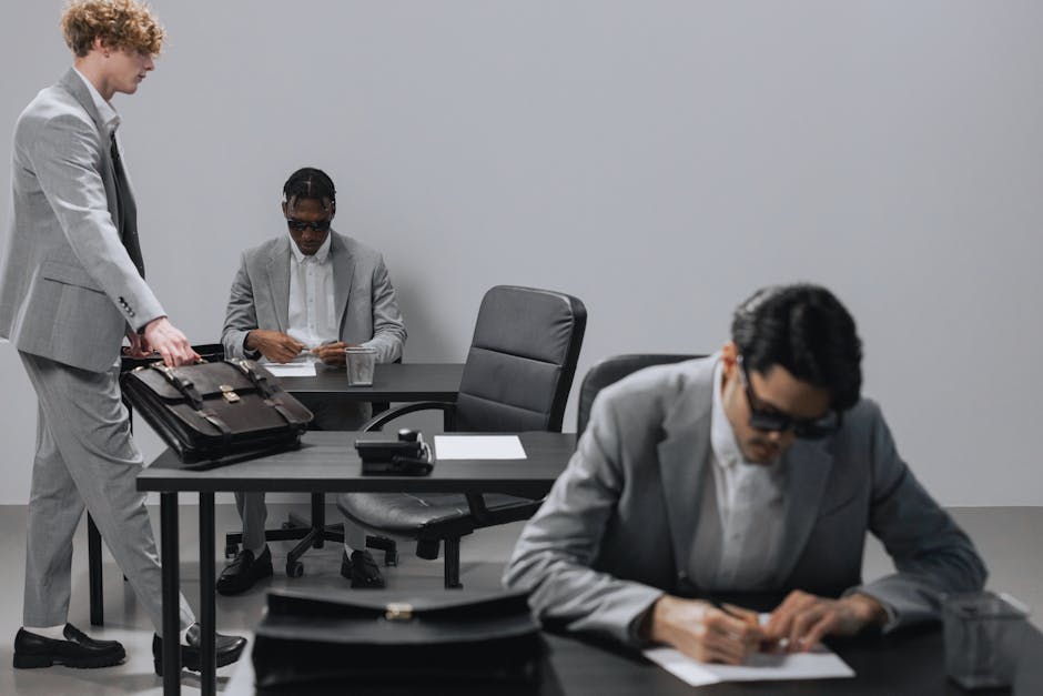 Business office with diverse employees in gray suits working at desks in an indoor setting.